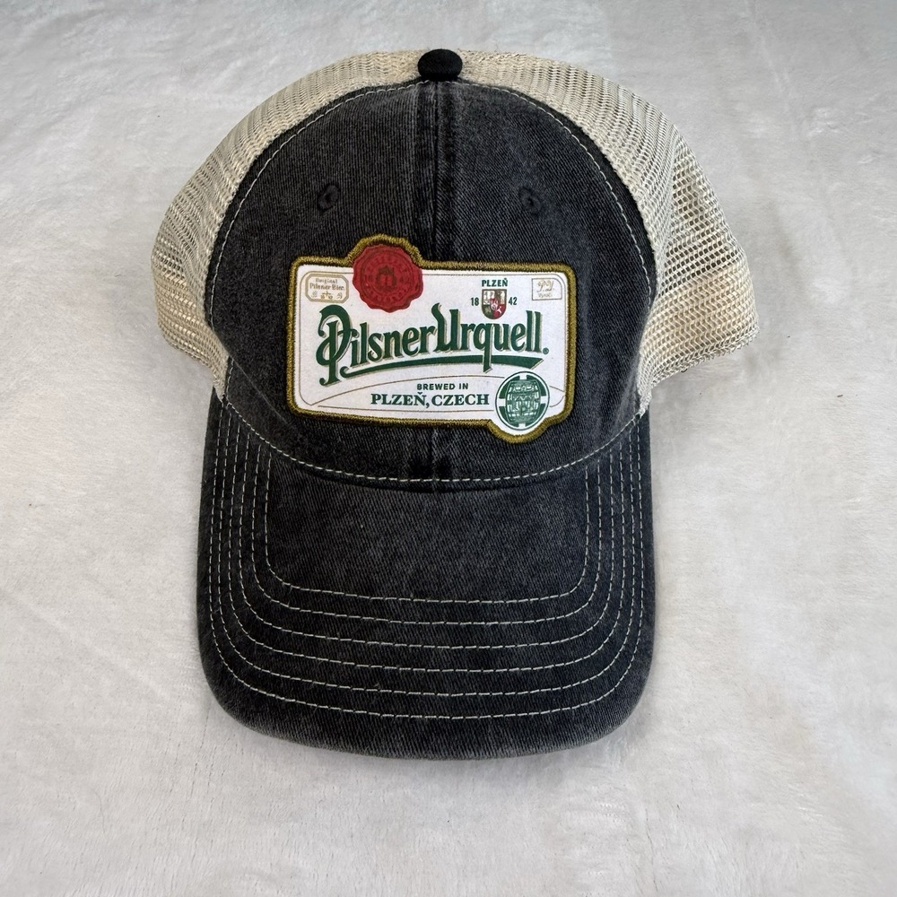 Pilsner Urquell Beer Trucker Hat Mesh Snapback Black Tan Patch Logo Cap